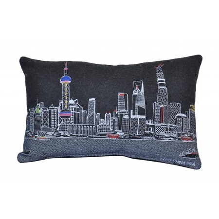 Palacedesigns 24 in. Shanghai Nighttime Skyline Lumbar Decorative Pillow Black & Grey PA3686540